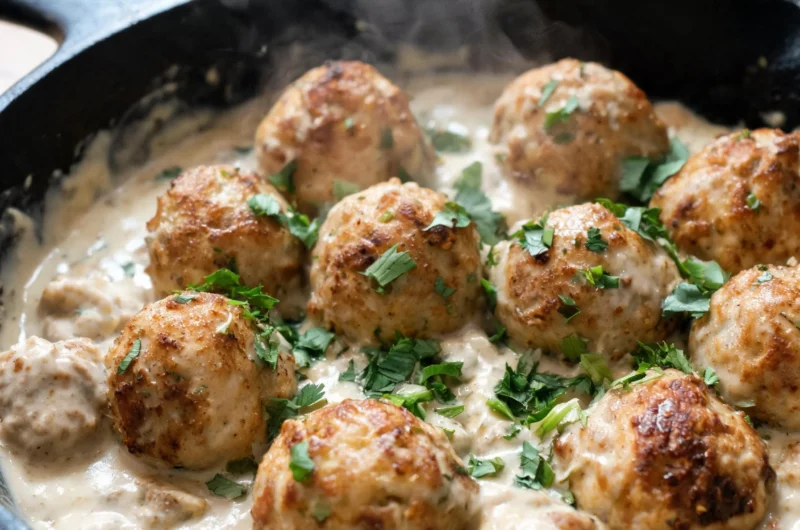 Creamy chicken meatballs in a savory sauce served on a plate.