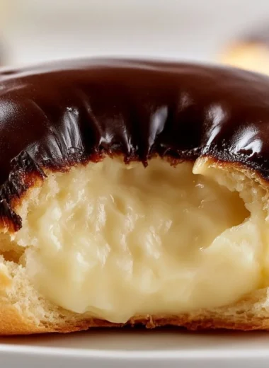 Delicious creamy chocolate profiteroles topped with chocolate sauce.