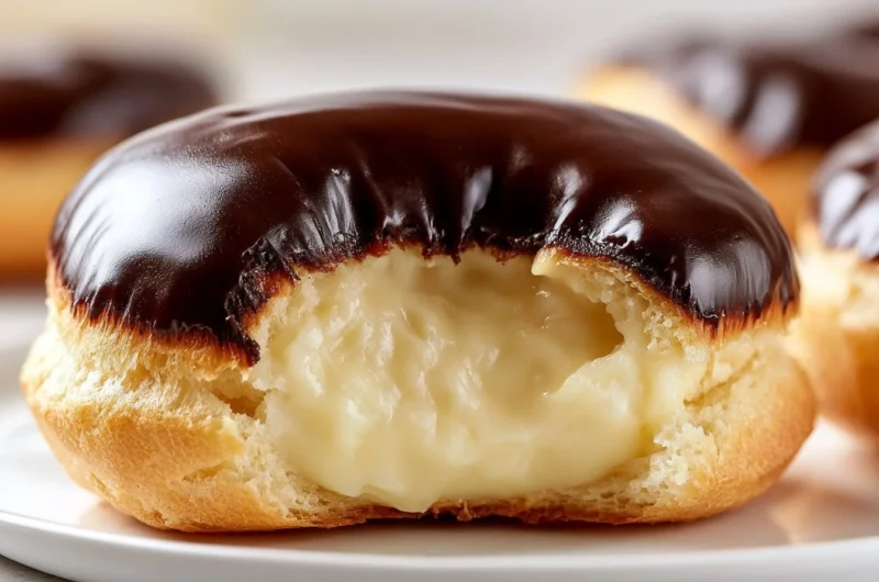 Delicious creamy chocolate profiteroles topped with chocolate sauce.