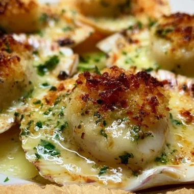Creamy Coquilles Saint-Jacques gratin dish, a gourmet seafood delight