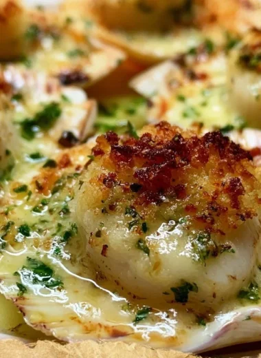 Creamy Coquilles Saint-Jacques gratin dish, a gourmet seafood delight