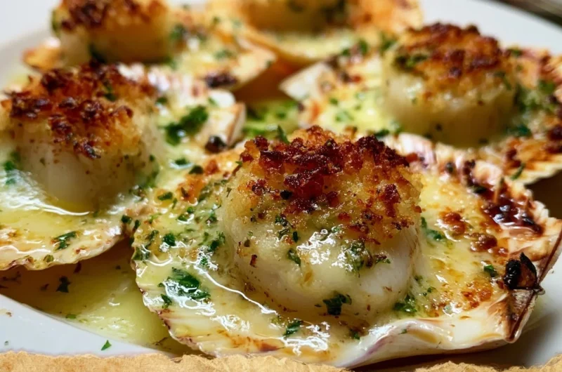 Creamy Coquilles Saint-Jacques gratin dish, a gourmet seafood delight