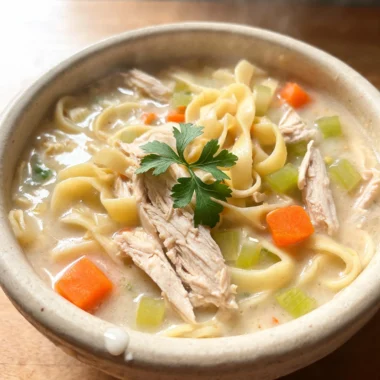 Bowl of creamy crack chicken noodle soup with chicken, noodles, and herbs