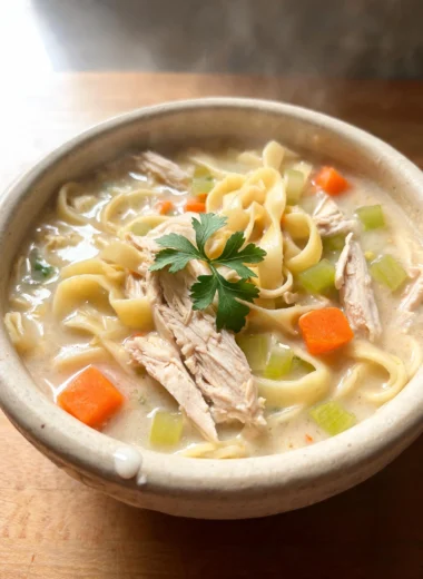 Bowl of creamy crack chicken noodle soup with chicken, noodles, and herbs
