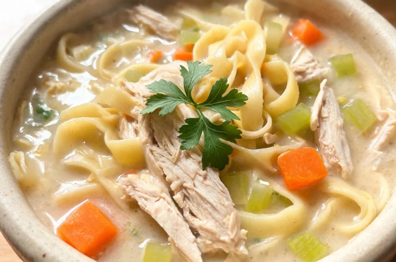 Bowl of creamy crack chicken noodle soup with chicken, noodles, and herbs