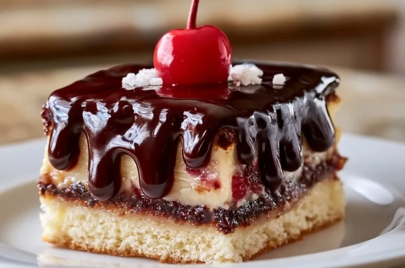 Delicious creamy Danube Wave Cake with chocolate and cherry layers