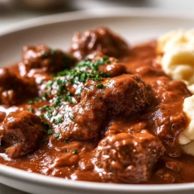 Creamy German Beef Goulash Stew served in a bowl with herbs and fresh ingredients