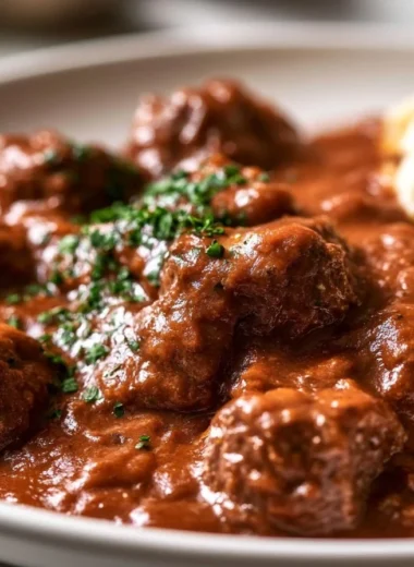 Creamy German Beef Goulash Stew served in a bowl with herbs and fresh ingredients