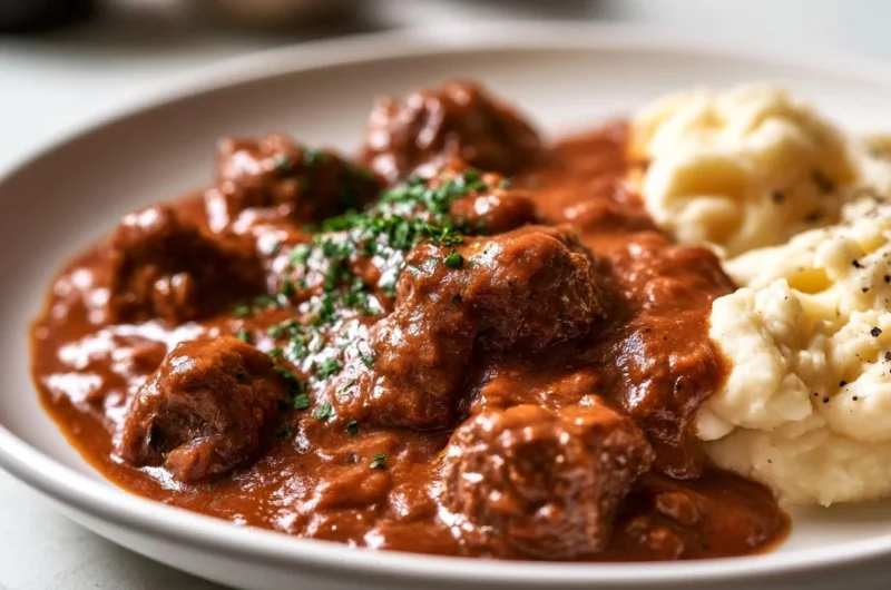 Creamy German Beef Goulash Stew served in a bowl with herbs and fresh ingredients