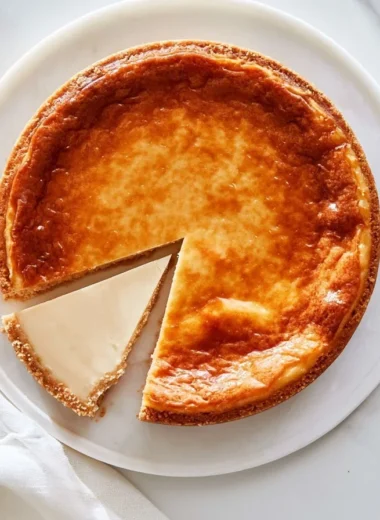 Slice of creamy German cheesecake on a plate with fresh berries