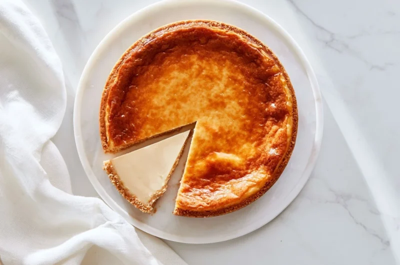 Slice of creamy German cheesecake on a plate with fresh berries