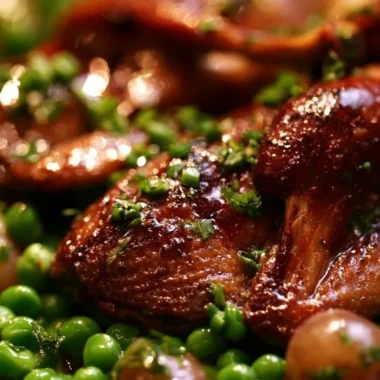 Creamy pigeon served with peas, showcasing a gourmet culinary dish.