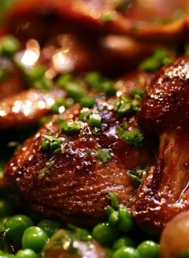 Creamy pigeon served with peas, showcasing a gourmet culinary dish.