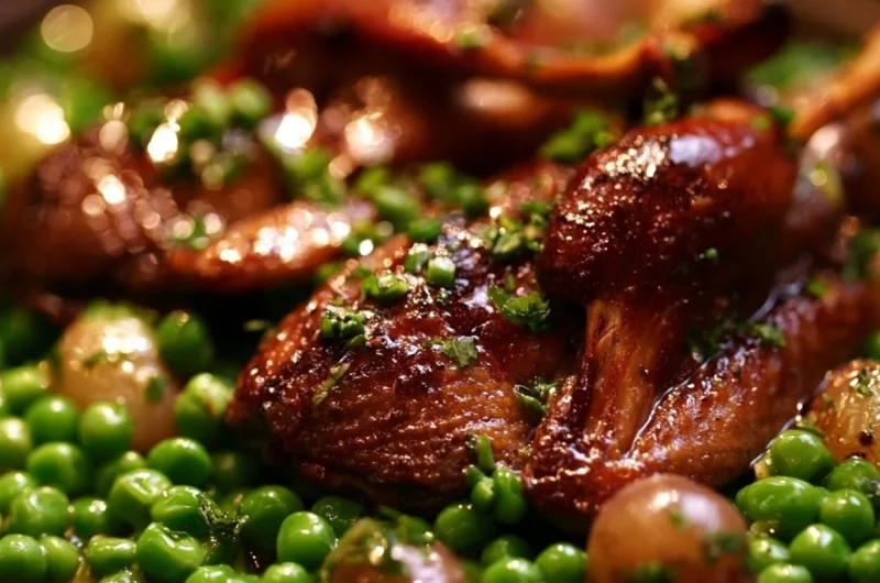 Creamy pigeon served with peas, showcasing a gourmet culinary dish.
