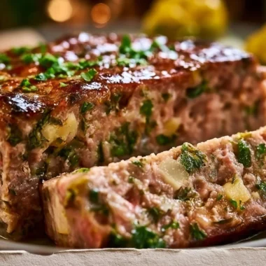 Creamy pork country terrine served on a rustic platter with herbs
