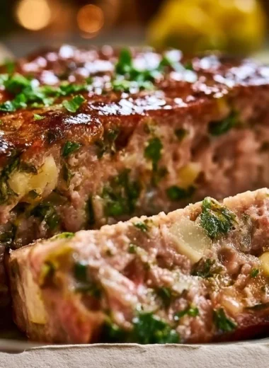 Creamy pork country terrine served on a rustic platter with herbs