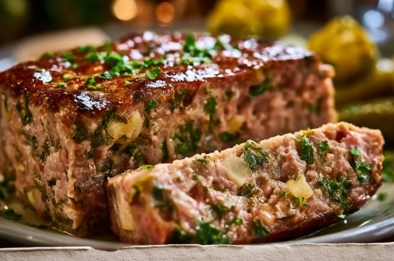 Creamy pork country terrine served on a rustic platter with herbs