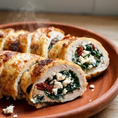 Creamy rolled chicken with feta and spinach on a plate