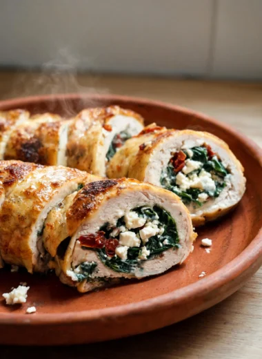 Creamy rolled chicken with feta and spinach on a plate