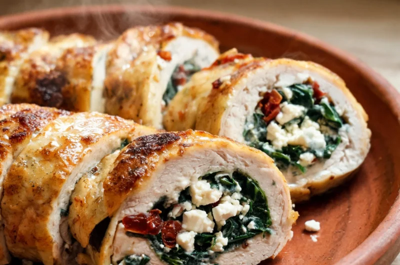 Creamy rolled chicken with feta and spinach on a plate