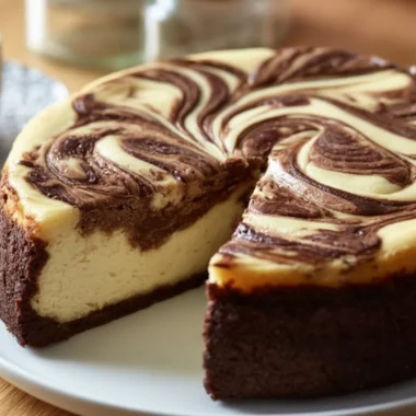 Creamy Russian swirl cocoa-crust cheesecake with chocolate drizzle and berries