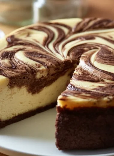 Creamy Russian swirl cocoa-crust cheesecake with chocolate drizzle and berries