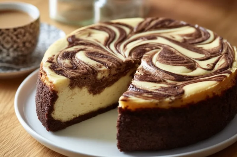 Creamy Russian swirl cocoa-crust cheesecake with chocolate drizzle and berries