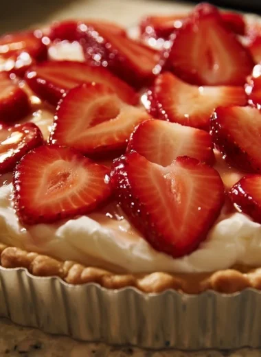 Delicious creamy strawberry tart with fresh strawberries on top