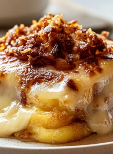 Creamy tartiflette with potatoes, bacon, and melted cheese topped in a dish