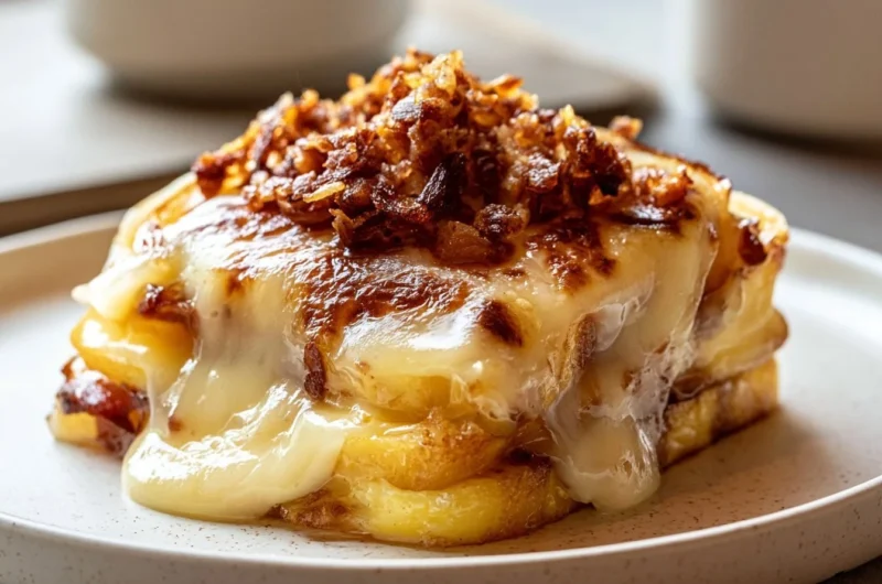 Creamy tartiflette with potatoes, bacon, and melted cheese topped in a dish