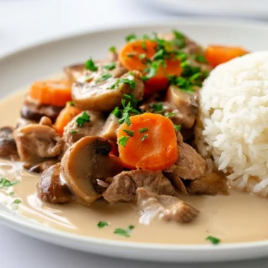 Creamy veal blanquette with mushrooms served in a white bowl