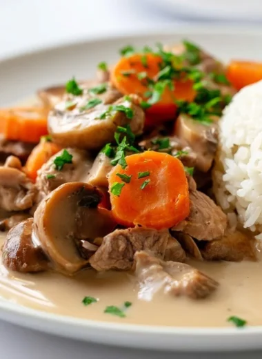 Creamy veal blanquette with mushrooms served in a white bowl