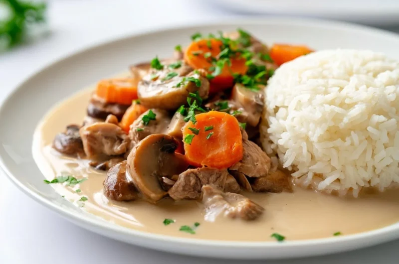 Creamy veal blanquette with mushrooms served in a white bowl