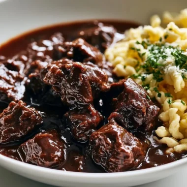 Delicious creamy venison goulash served in a rustic bowl