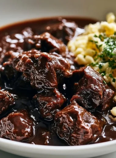 Delicious creamy venison goulash served in a rustic bowl