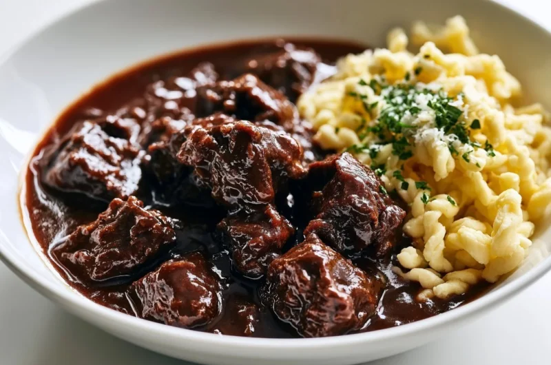 Delicious creamy venison goulash served in a rustic bowl