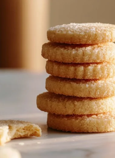 Delicious crisp brown butter shortbread cookies arranged on a plate