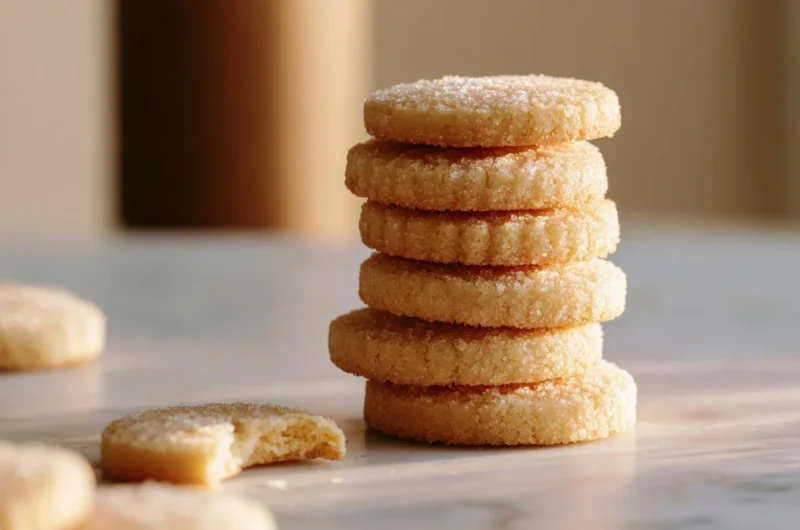 Delicious crisp brown butter shortbread cookies arranged on a plate