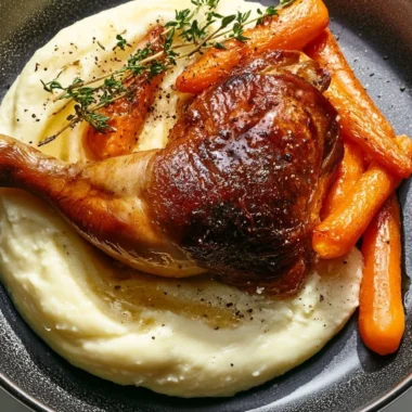 Plate of crispy duck confit served with sides, showcasing culinary delight.