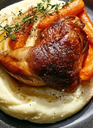 Plate of crispy duck confit served with sides, showcasing culinary delight.