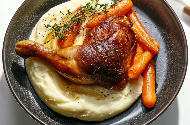 Plate of crispy duck confit served with sides, showcasing culinary delight.