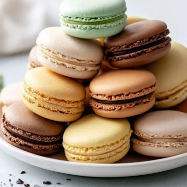 A plate of beautifully decorated crispy French macarons in various colors.