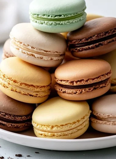 A plate of beautifully decorated crispy French macarons in various colors.