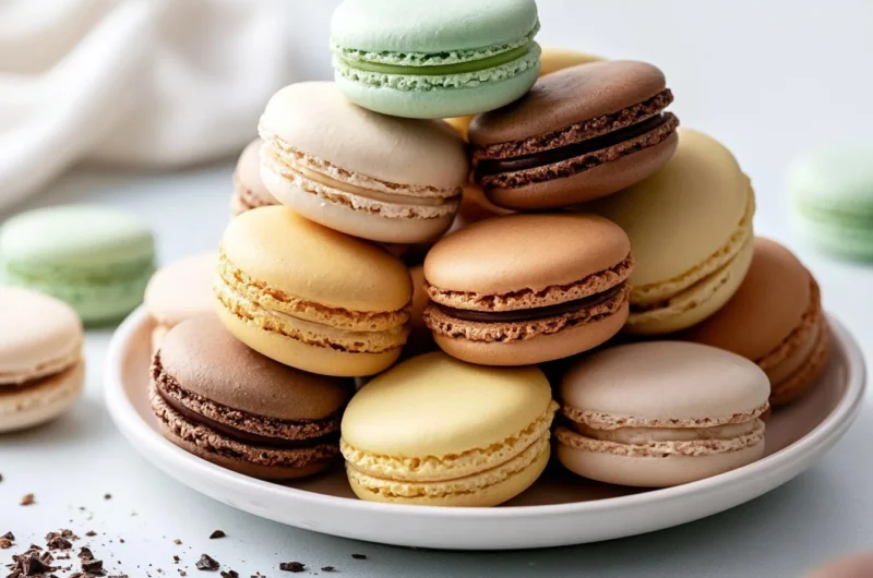 A plate of beautifully decorated crispy French macarons in various colors.