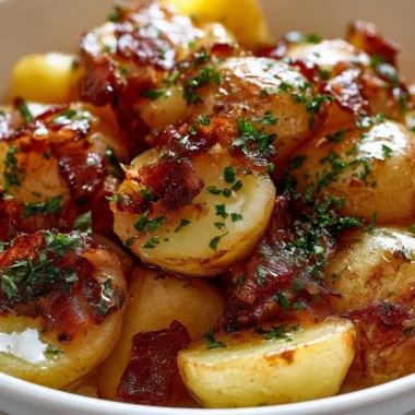 Plate of crispy German fried potatoes cooked with onions