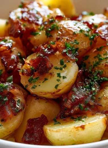 Plate of crispy German fried potatoes cooked with onions