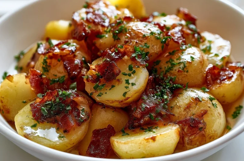 Plate of crispy German fried potatoes cooked with onions
