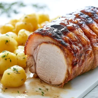 Crispy German Pork Roast garnished with herbs and spices ready to serve