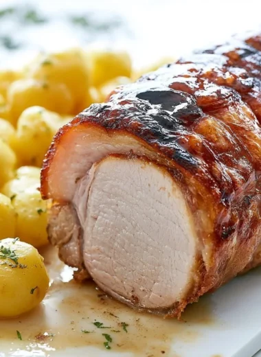 Crispy German Pork Roast garnished with herbs and spices ready to serve