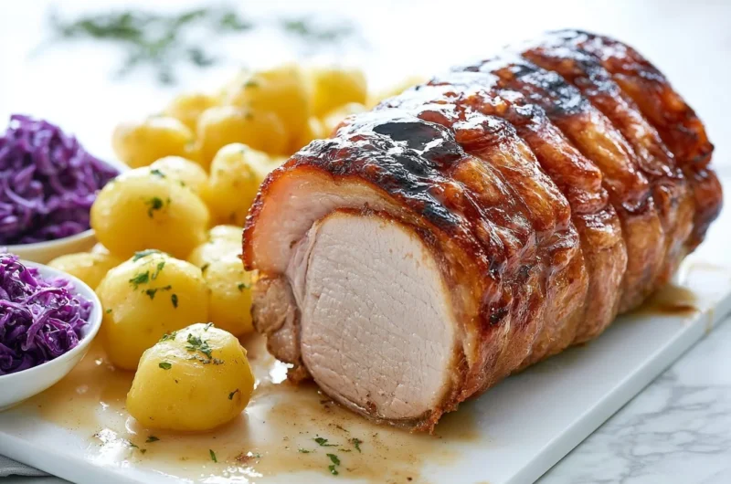 Crispy German Pork Roast garnished with herbs and spices ready to serve